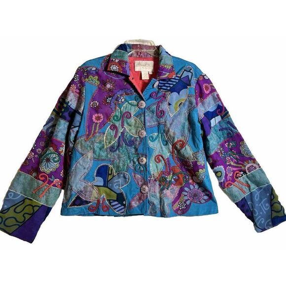 Vintage Patchwork jacket Medium Butterfly aplique sequins cross stitched.  Z - Picture 1 of 12